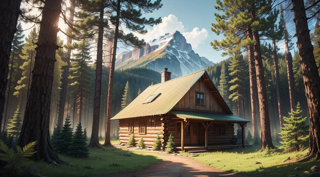lumberjack background, forest background, anime style, ultra detailed, focus on the rustic cabin, focus on the environment