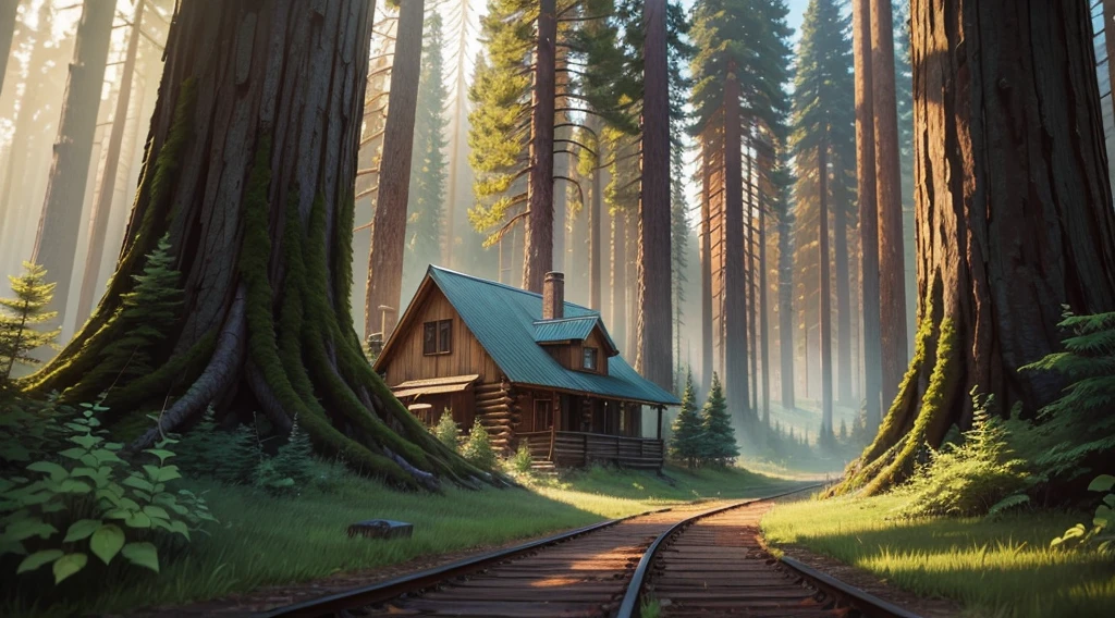lumberjack background, forest background, anime style, ultra detailed, focus on the rustic cabin, focus on the environment