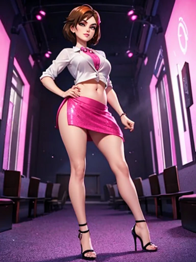 merula, fluor pink high heels, sexy red labial, tonified legs, grey sequin mini skirt, brunette hair, full body, belly, glitter skirt