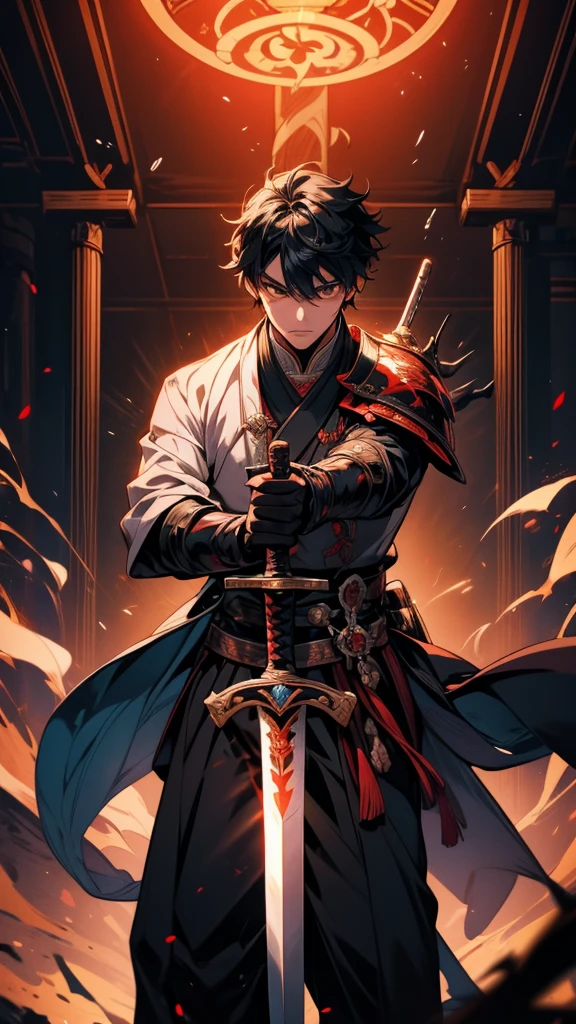 Anime girl with sword and armor in a dark room, okata kazuto, Authentic shiro, Authentic, taisho roman, akiyuki shinbou, inspired by Okumura Masanobu, Handsome men from Demon Slayer, Swordsman, Keqing of Genshin Impact, With a big sword, Kashmir Art