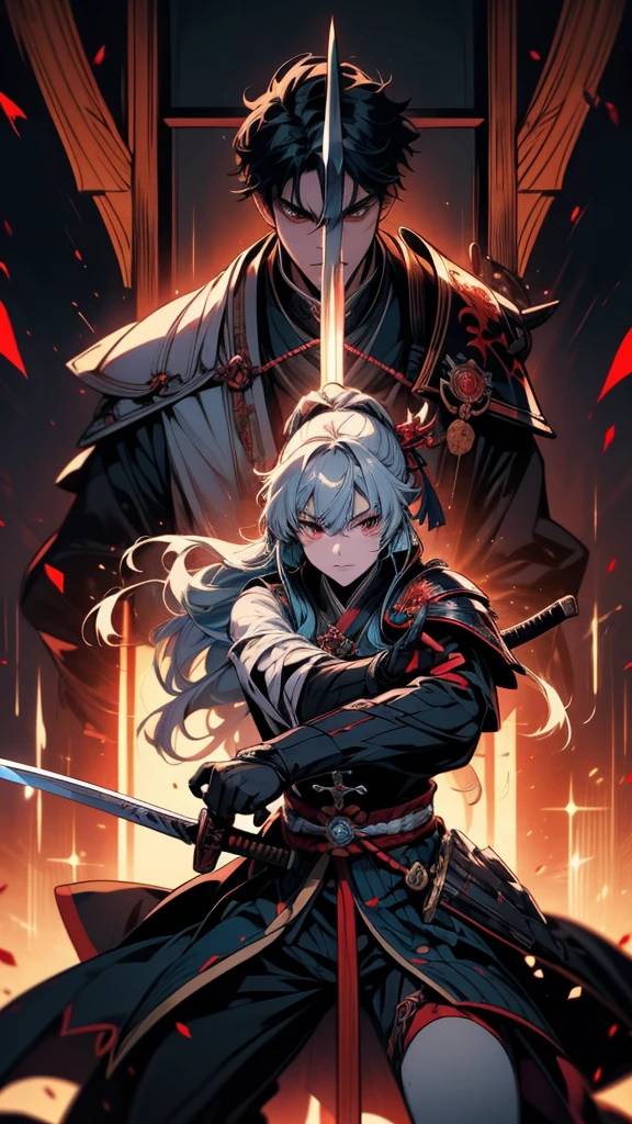 Anime girl with sword and armor in a dark room, okata kazuto, Authentic shiro, Authentic, taisho roman, akiyuki shinbou, inspired by Okumura Masanobu, Handsome men from Demon Slayer, Swordsman, Keqing of Genshin Impact, With a big sword, Kashmir Art