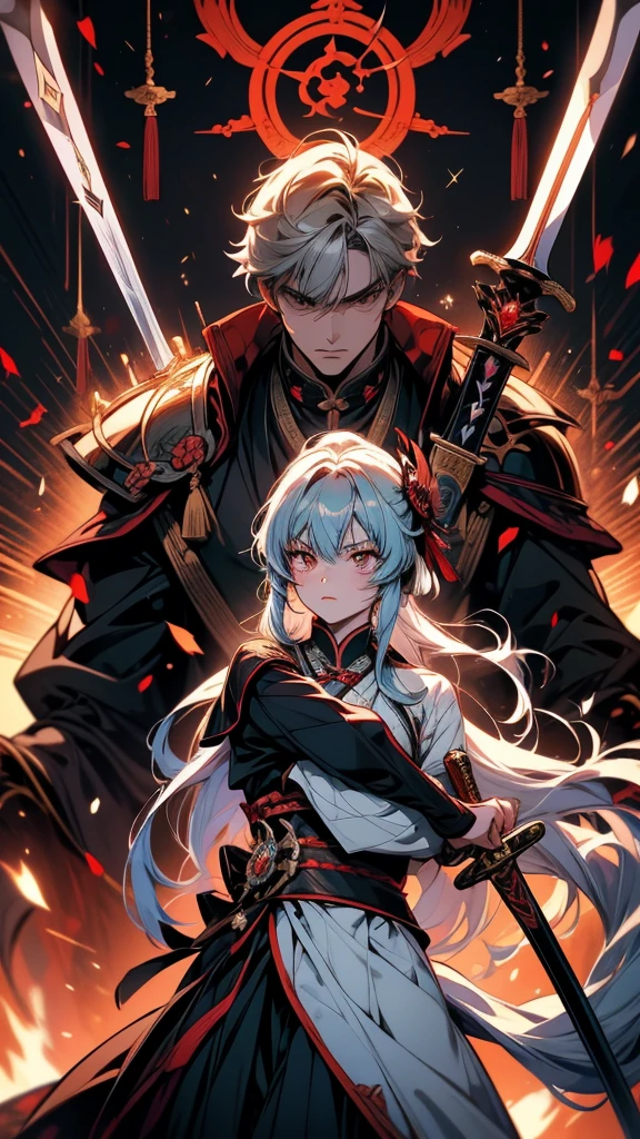 Anime girl with sword and armor in a dark room, okata kazuto, Authentic shiro, Authentic, taisho roman, akiyuki shinbou, inspired by Okumura Masanobu, Handsome men from Demon Slayer, Swordsman, Keqing of Genshin Impact, With a big sword, Kashmir Art