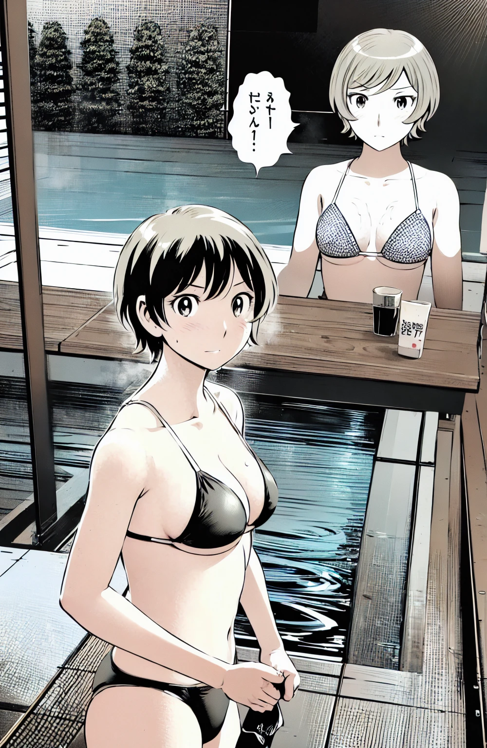 、(masterpiece、Highest quality)、Highest quality, Ultra-high resolution, (((masterpiece))), alone, Sweat、Big eyes, 水色のMicro Bikini、Composition from the front、(Cut the back hair short、short hair、blonde、Micro Bikini、woman)、Shortcuts、Embarrassed face、Cut your hair short、可愛いwomanの子、Big Breasts、Monochrome、Poolサイド、Pool、Pencil drawing、Manga Style