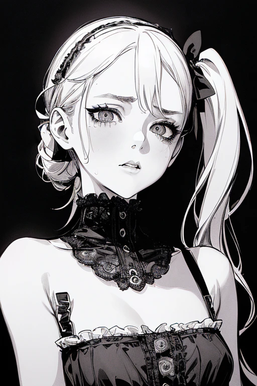 Highest quality, (Background details), High Contrast, Very beautiful girl, Small breasts、Detailed original illustrations、Gothic Lolita、Twin tails、(Brat)、Provocative eyes、Provocative、functional、Delicate face、Charm、sexy、Real breasts、Head close-up, Black background, (Black background: 1.5), Beautiful line art、Monochrome