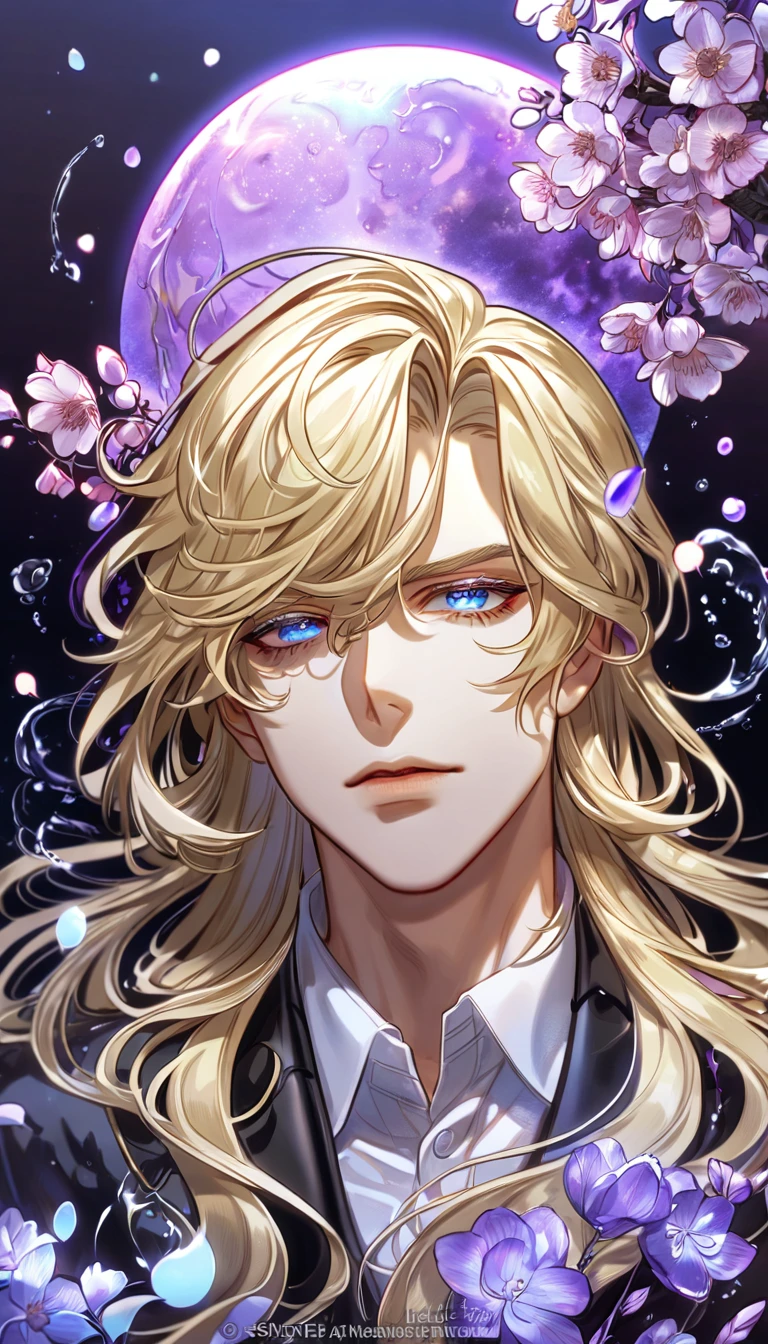 absurdres, highres, ultra detailed, HDR, master piece, best quality, Frankenstein, silky blond hair, medium hair, expressive blue eyes, Noblesse, sexy man, solo, handsome, black coat, white shirt, fantasy, purple flowers, blossoms, magical, purple petals, purple moon, water, fireflies