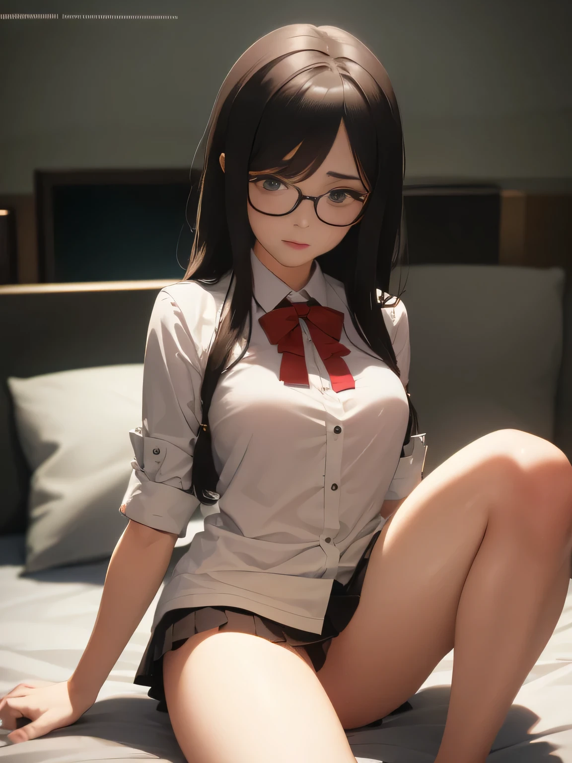 (1girl:1.3), Masterpiece, Best quality, amazing beauty, 4K, absurdres, finely detail, super detailed eye, perfect anatomy, official art, cinematic lighting, BREAK, bedroom, silky medium hair, black hair, super shiny detailed brown eyes, Staring Intently, red lips, embarrassed, BREAK , usually, slender, fair skin, sitting, BREAK , (school uniform:1.2), BREAK,(Glasses)