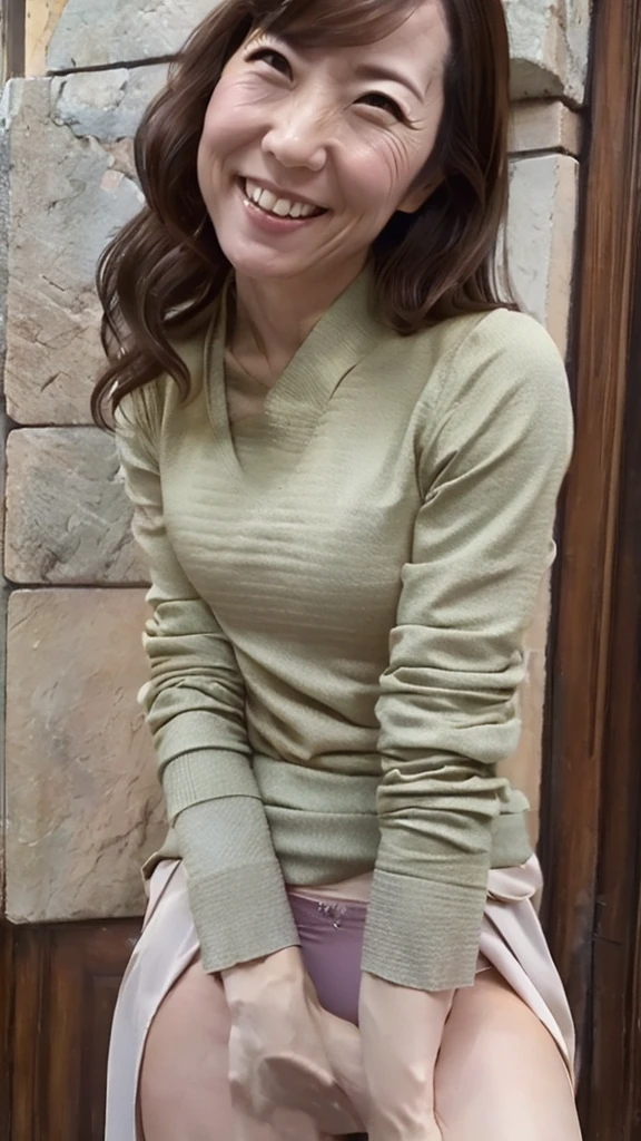 ((Highest quality)), ((8K)), ((masterpiece: 1.3)), (Perfect appearance), (Photorealism: 1.6), (AIF), (JMA), (Upskirt: 1.2), (View from directly below: 1.2), (Panties), Japanese Mature, (58 years old), ((Realistic skin texture)), (Fine wrinkles appear all over the skin), (Dullness), (Unmoisturized skin) , (Facial wrinkles), (Wrinkles around the eyes), double eyelid, Lower eyelid tear trough, (Dimples), Short bangs, Long wavy hair, She is smiling gently with the corners of her mouth raised,