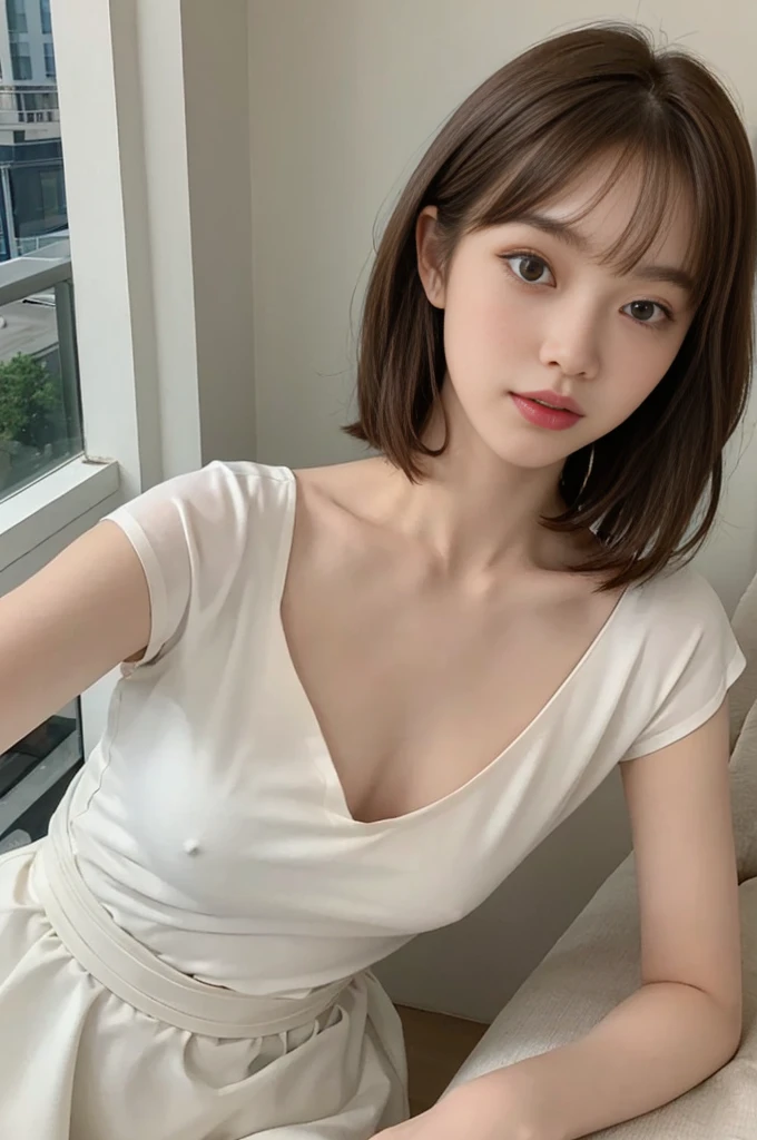 Photorealistic and high quality。Sharper image quality。NSFW。Leaning forward。V-neck T-shirt。Showing off her décolletage。Sunny hotel balcony。The light is on my face。short hair。Auburn Hair。Wavy Hair。See-through bangs。No makeup。Beautiful 21 year old Korean girl。The corners of the mouth are raised。