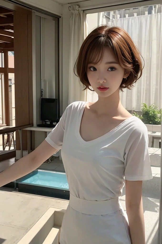 Photorealistic and high quality。Sharper image quality。NSFW。Leaning forward。V-neck T-shirt。Showing off her décolletage。Sunny hotel balcony。The light is on my face。short hair。Auburn Hair。Wavy Hair。See-through bangs。No makeup。Beautiful 21 year old Korean girl。The corners of the mouth are raised。