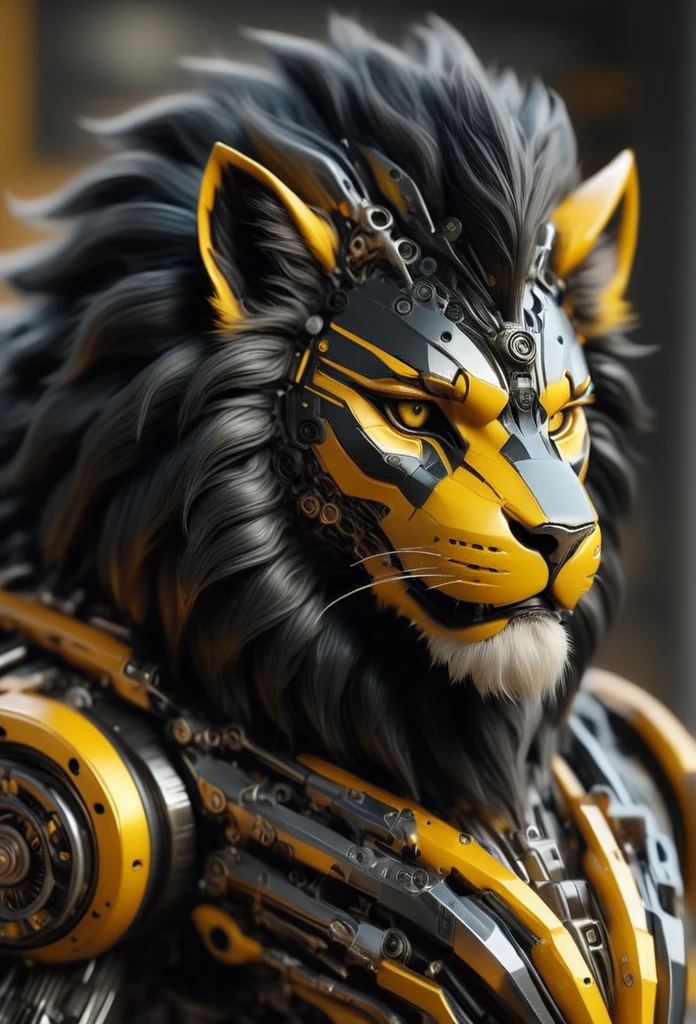 TransformersStyle, black and yellow mechanical Lion, selective focus, hyperrealistic, hyperdetailed 