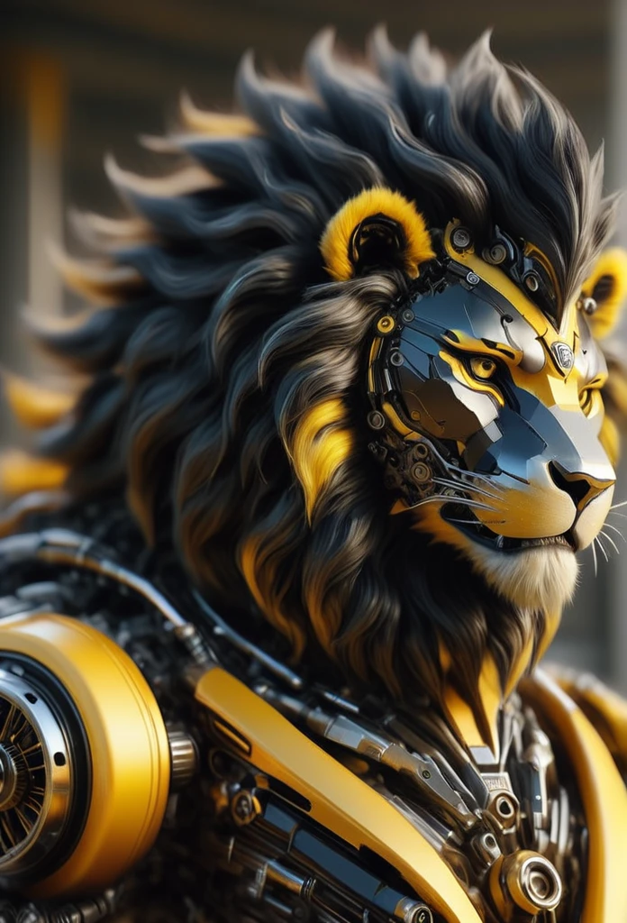 TransformersStyle, black and yellow mechanical Lion, selective focus, hyperrealistic, hyperdetailed 