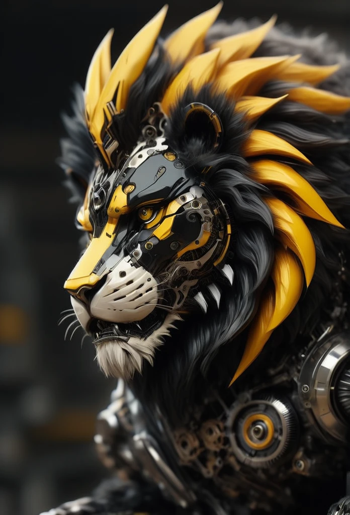 TransformersStyle, black and yellow mechanical Lion, selective focus, hyperrealistic, hyperdetailed 