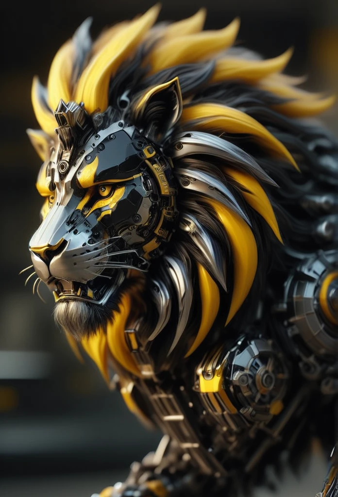 TransformersStyle, black and yellow mechanical Lion, selective focus, hyperrealistic, hyperdetailed 