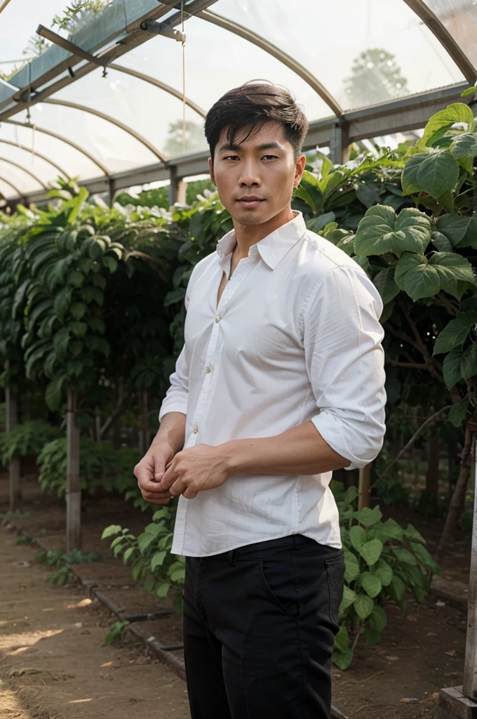 Handsome Asian man, working on a vegetable farm