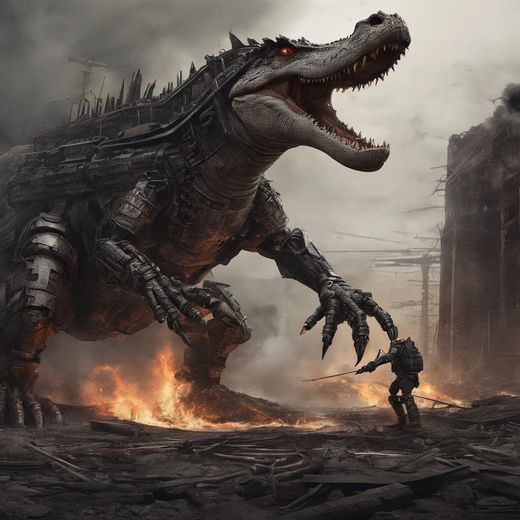 fire crocodile,fighting with a war robot 