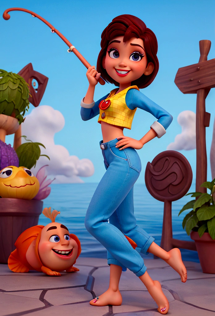 Imagem estilo pixar com personagem 3D óculos brancos morena mulher cabelo curto cacheado dançando, Disney makeup,fisherman, cute, smiling ,close up, pixar, Disney, cinema lighting,