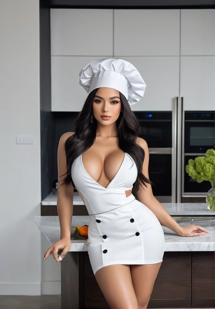 A Latina woman with long dark hair, dressed as a sexy chef in a modern kitchen. She is wearing a form-fitting, revealing chef’s outfit that includes a short skirt, a tight top, and a chef’s hat. The kitchen is sleek and contemporary, with high-end appliances, marble countertops, and stylish cabinetry. The woman has a poised, beautiful body with thick legs, fuller thighs, and larger breasts, giving her a curvier appearance. Her figure is stacked, and she has a gorgeous face. She is striking sexually suggestive and provocative poses, exuding confidence and allure as she interacts with the kitchen environment. Ensure that there are no visual bugs or distortions on her hands, feet, or any part of her body. The atmosphere is both playful and seductive, capturing the elegance and sophistication of a modern kitchen.