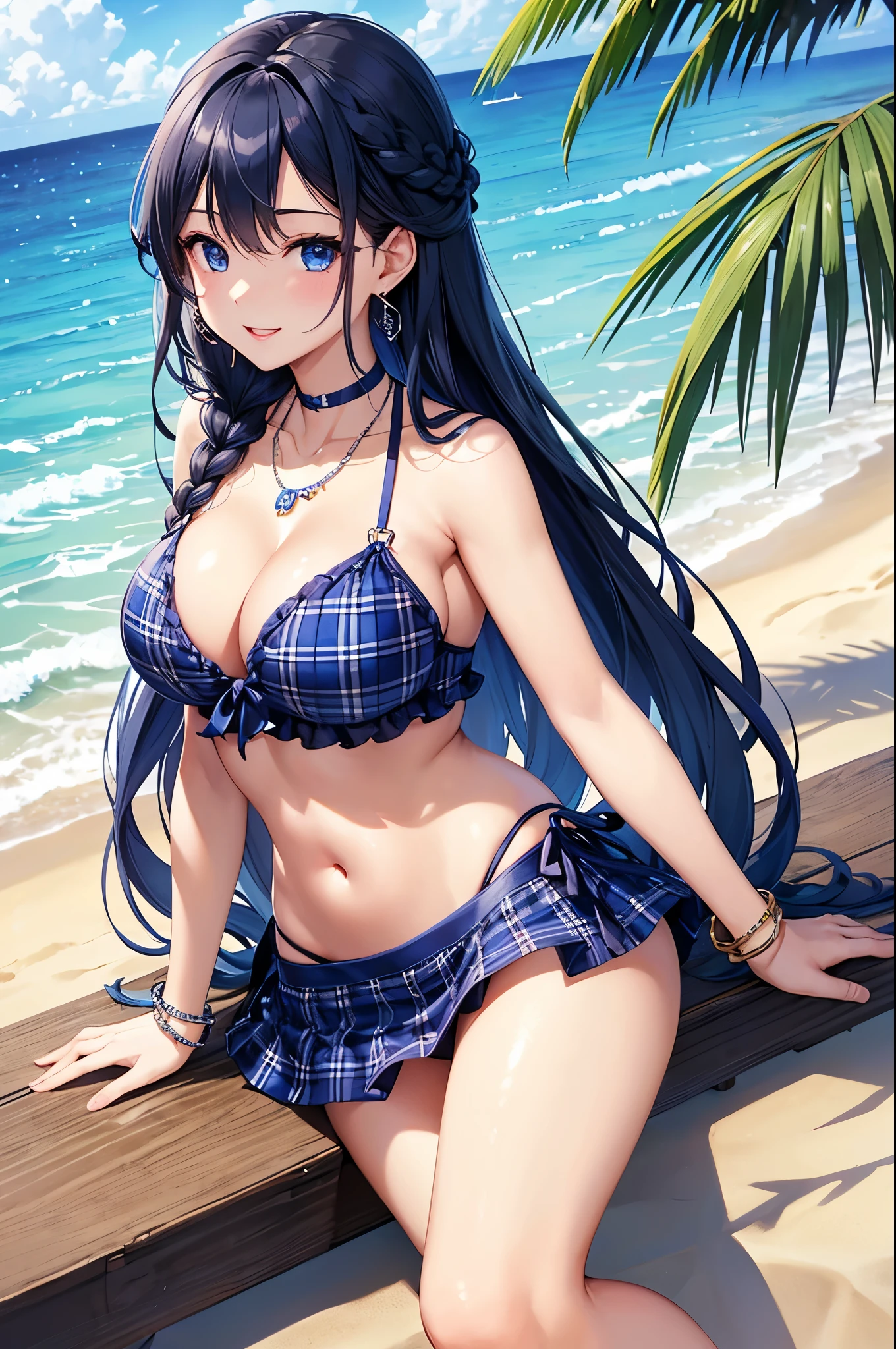 Highest quality、Highest quality、masterpiece、(8K),beauty(Age 25)、Navy blue long hair(Braiding of the sides)、blue eyes、Sexy Bikini(Plaid)、Big cleavage、(Big Breasts)、smile、blue necklace、Blue Earrings、background(Beach)、Please open your mouth wide、bracelet、Arch Pose、Blue choker