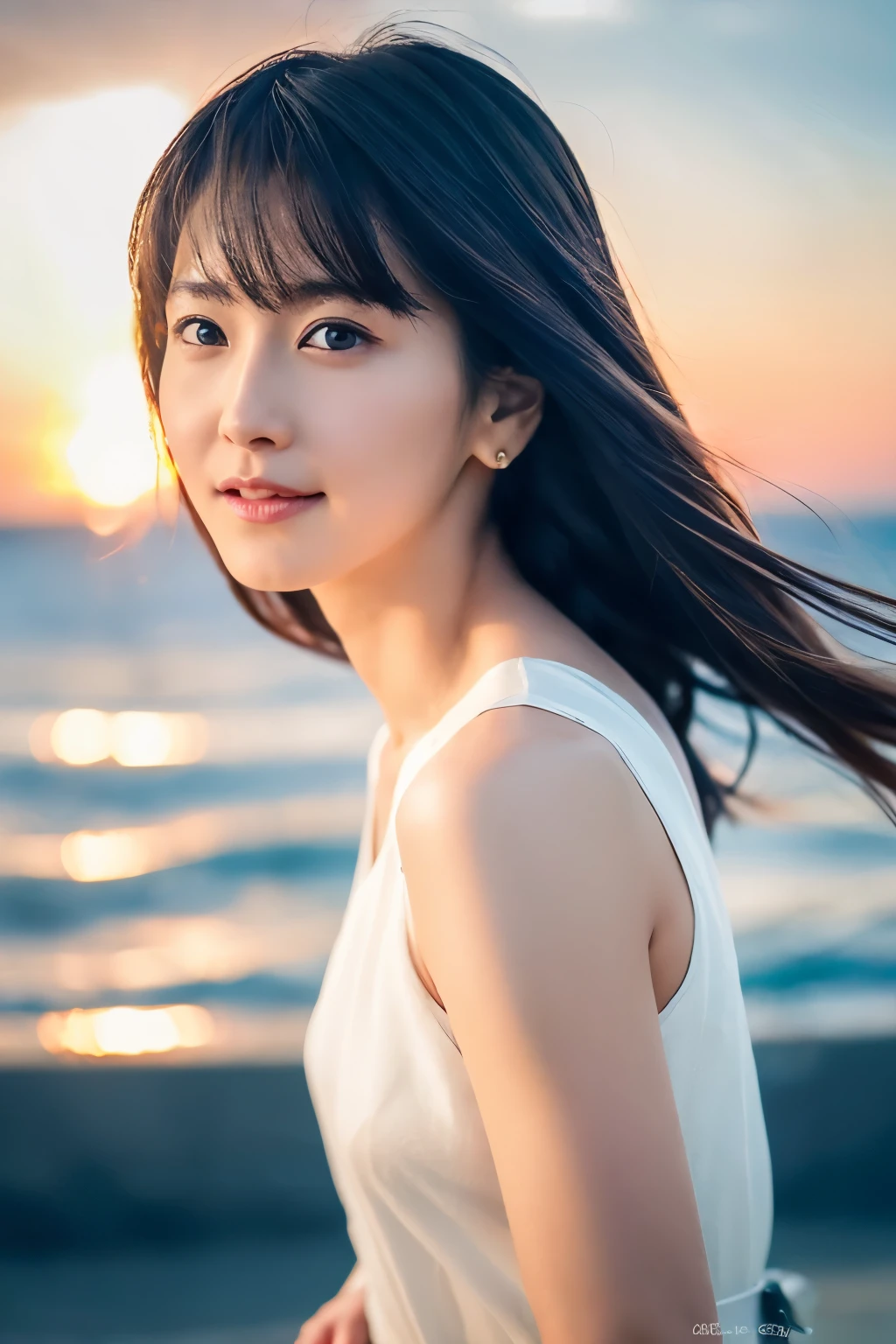 Create a high-quality, hyper-realistic portrait of a very beautiful Japanese idol. She is wearing a clean white summer dress and is squatting on the beach during sunset at sea. The deep indigo of the night sky contrasts with the last vestiges of crimson near the horizon, with swaying waves in the background. The girl has semi-long hair and a slender body with small breasts. The photo should capture her with detailed eyes, a detailed face, and a beautiful, sophisticated nose. The image should have a realistic, delicate, and finely detailed quality, suitable for a fashion magazine cover. Use cinema lighting and soft light to enhance her features. Ensure the photo is of the highest quality, with a resolution of 8K, making it perfect for a 2K wallpaper.