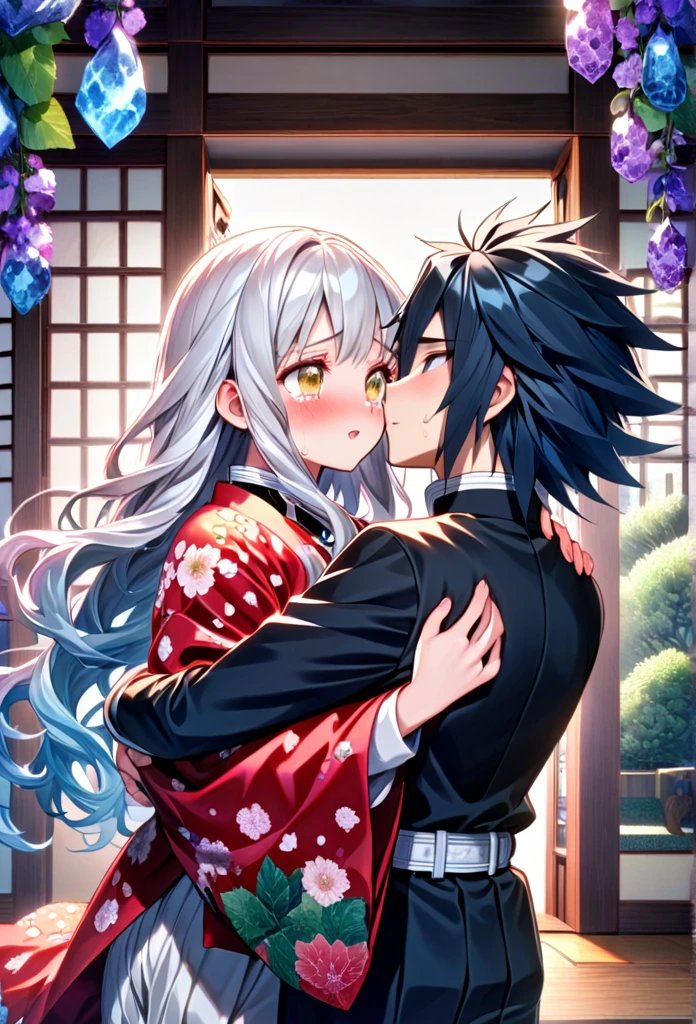 Ultra detailed, highres, absurdres, HDR, master piece, anime girl, pretty woman with white long hair with deep red streaks, girl with yellow eyes, the girl is using a red haori, black demon slayer uniform, Kimetsu No Yaiba, fantasy, the girl is sad and crying, Tomioka Giyu, Water Hashira, Tomioka is worried, handsome Giyu comforting the girl with white hair, romance, inside a japones house, best quality, extremely detailed face, love, passion, romance, anime, they are really in love, hug