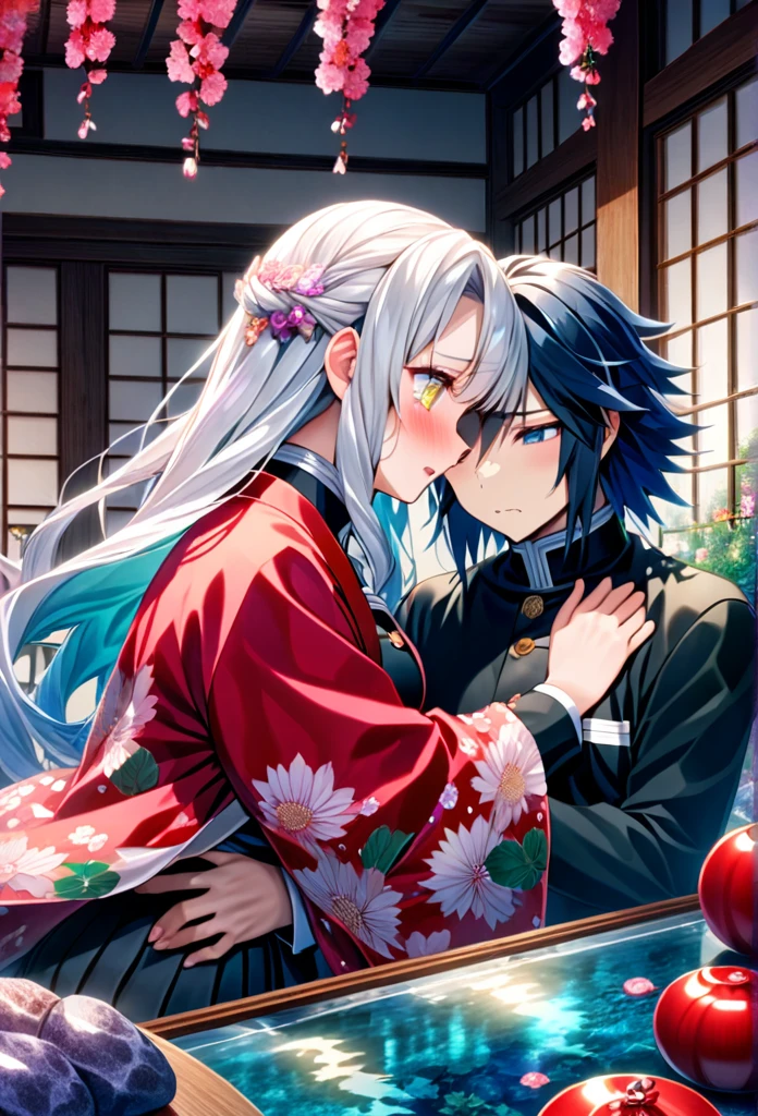 Ultra detailed, highres, absurdres, HDR, master piece, anime girl, pretty woman with white long hair with deep red streaks, girl with yellow eyes, the girl is using a red haori, black demon slayer uniform, Kimetsu No Yaiba, fantasy, the girl is sad and crying, Tomioka Giyu, Water Hashira, Tomioka is worried, handsome Giyu comforting the girl with white hair, romance, inside a japones house, best quality, extremely detailed face, love, passion, romance, anime, they are really in love, hug