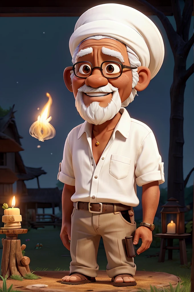 An elderly black man with white hair and a white beard, dressed in a white shirt and white pants, sits on a tree stump. He wears a straw hat and holds a lit pipe in his hand, with smoke wafting gently from it. His bare feet rest on the ground as he looks up, smiling. Beside him stands an elderly black woman with white hair, tied back with a headscarf. She wears a simple white dress and smiles warmly. The scene is illuminated by the moonlight, casting a serene glow over the surroundings. A lit candle in front of them adds a warm, flickering light. The rustic, bamboo setting, combined with the tree stump, evokes a nostalgic and tranquil atmosphere, reminiscent of simpler times.

