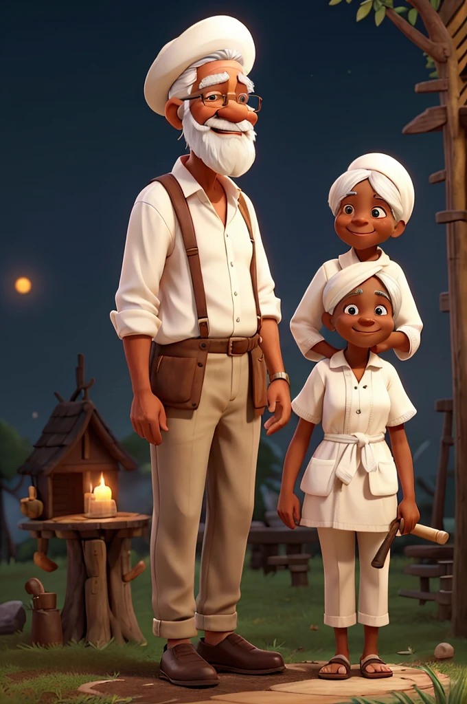 An elderly black man with white hair and a white beard, dressed in a white shirt and white pants, sits on a tree stump. He wears a straw hat and holds a lit pipe in his hand, with smoke wafting gently from it. His bare feet rest on the ground as he looks up, smiling. Beside him stands an elderly black woman with white hair, tied back with a headscarf. She wears a simple white dress and smiles warmly. The scene is illuminated by the moonlight, casting a serene glow over the surroundings. A lit candle in front of them adds a warm, flickering light. The rustic, bamboo setting, combined with the tree stump, evokes a nostalgic and tranquil atmosphere, reminiscent of simpler times.