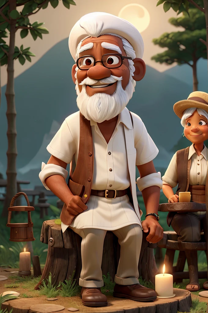 An elderly black man with white hair and a white beard, dressed in a white shirt and white pants, sits on a tree stump. He wears a straw hat and holds a lit pipe in his hand, with smoke wafting gently from it. His bare feet rest on the ground as he looks up, smiling. Beside him stands an elderly black woman with white hair, tied back with a headscarf. She wears a simple white dress and smiles warmly. The scene is illuminated by the moonlight, casting a serene glow over the surroundings. A lit candle in front of them adds a warm, flickering light. The rustic, bamboo setting, combined with the tree stump, evokes a nostalgic and tranquil atmosphere, reminiscent of simpler times.

