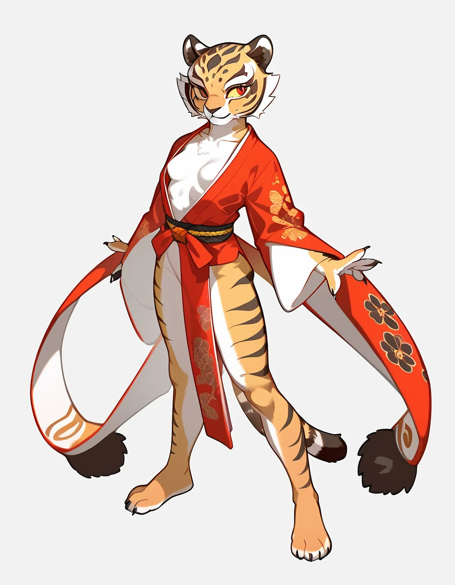 , score_9,score_8_up,score_7_up, kemono style, [Master Tigress], [Kung Fu Panda], red eyes, yellow sclera, tiger female, feminine, tall, skinny, hourglass figure, naked, barefoot, standing, simple background, wearing a kimono, skimpy kimono, kimono barely covering her, seductively modeling