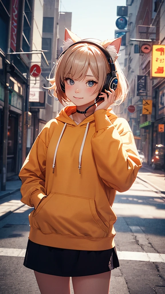 Cute cat with fluffy fur wearing one hoodie and headphones, The background is modern and inorganic, Adorable digital painting, 3D Rendering, Bright lighting, Vibrant colors,