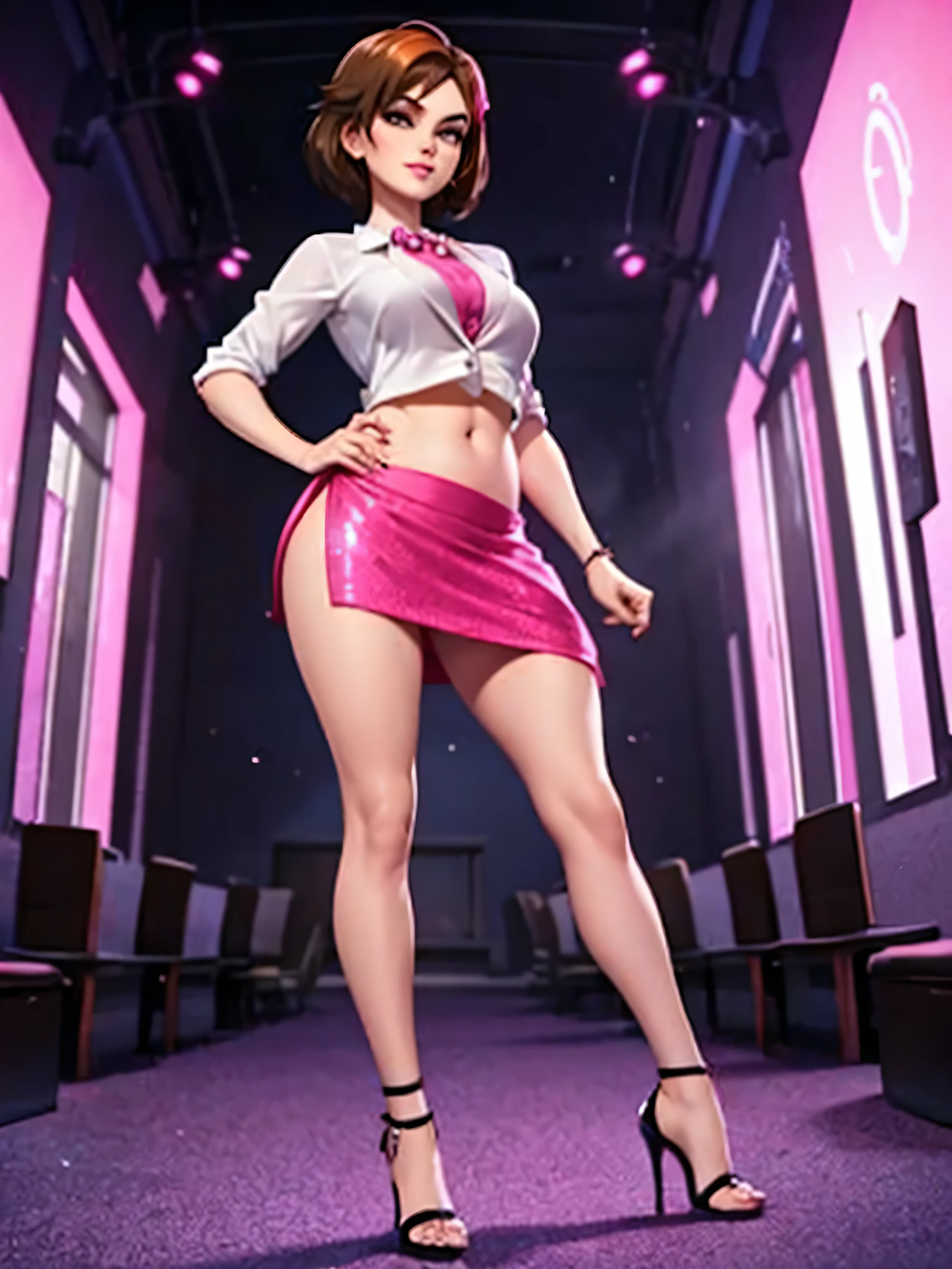 merula, fluor pink high heels, sexy red labial, tonified legs, grey sequin mini skirt, brunette hair, full body, belly, glitter skirt