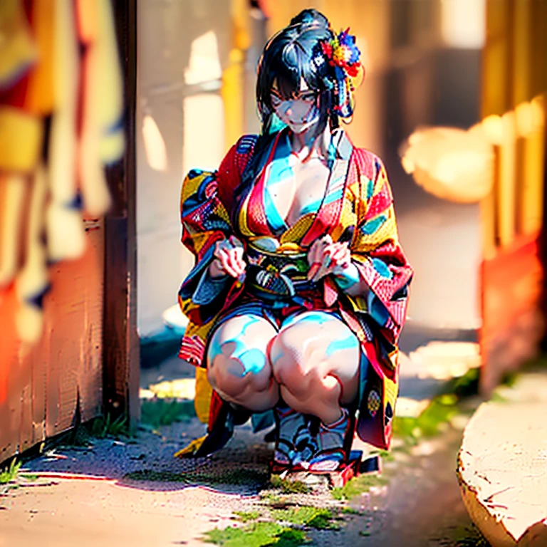 (Fox Girl, Fox Ears, Black colored hair, Fox Makeup, One Girl, Long Hair:1.6), (kimono, Kimono with open chest, A beautiful kimono with red and black patterns, I can see her cleavage, Open chest, Exposed skin:1.8), (Body measurements are 75-60-75!, Young girl body, Small breasts, Small breasts, Emphasize the chest, Knees are slightly visible, Muscular, Abdominal muscles, Hide your own chest with your hands:1.9), Avatar, face, lewd face, Dominant representation, naughty face, Uplifting, Skin Texture, outside, Grassy field