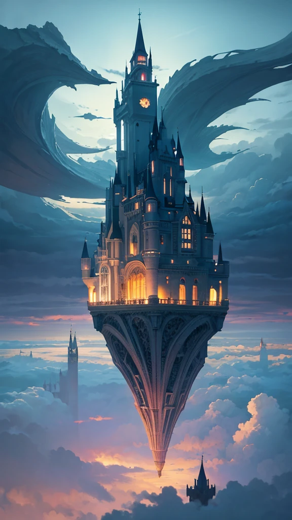 Only one castle in the clouds floating above the sky, surrealism painting style, twilight color palette, majestic architecture, dreamy atmosphere, Salvador Dali painting style, emotional nostalgic atmosphere