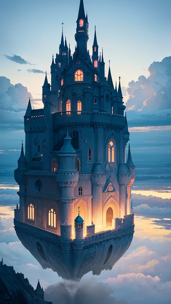 Only one castle in the clouds floating above the sky, surrealism painting style, twilight color palette, majestic architecture, dreamy atmosphere, Salvador Dali painting style, emotional nostalgic atmosphere
