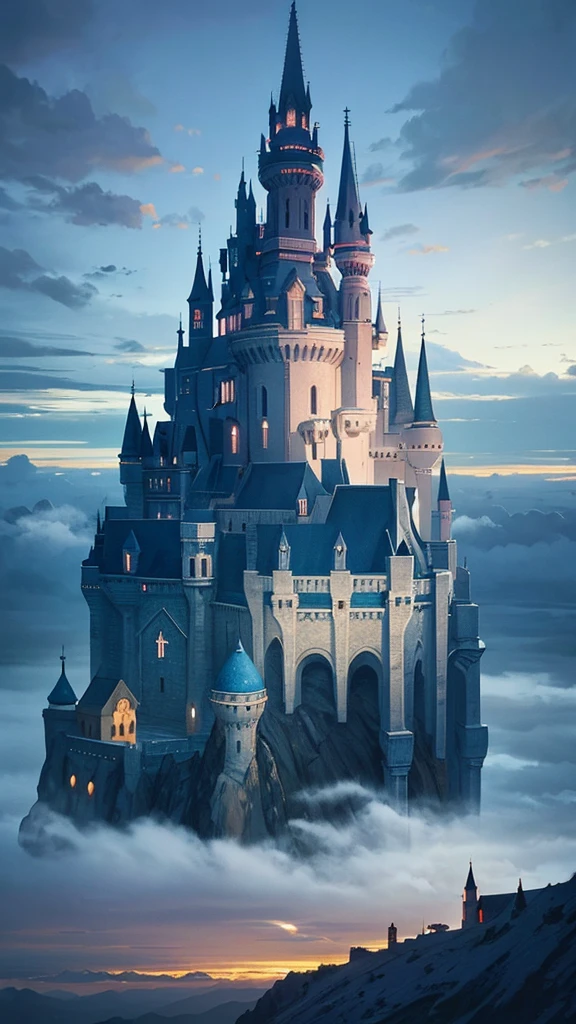 Only one castle in the clouds floating above the sky, surrealism painting style, twilight color palette, majestic architecture, dreamy atmosphere, Salvador Dali painting style, emotional nostalgic atmosphere
