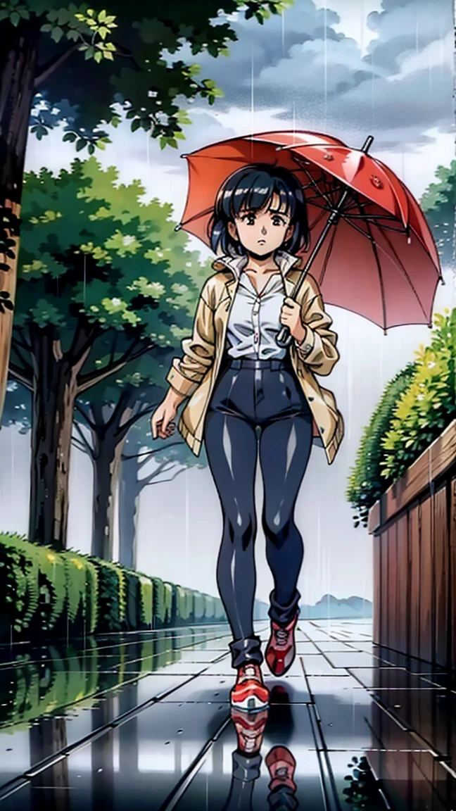 A realistic illustration of a woman hurrying home in the middle of a typhoon. The scene shows the woman wearing a raincoat and holding an umbrella, struggling against strong winds and heavy rain. The background includes stormy skies, swaying trees, and waterlogged streets, capturing the intensity of the typhoon.