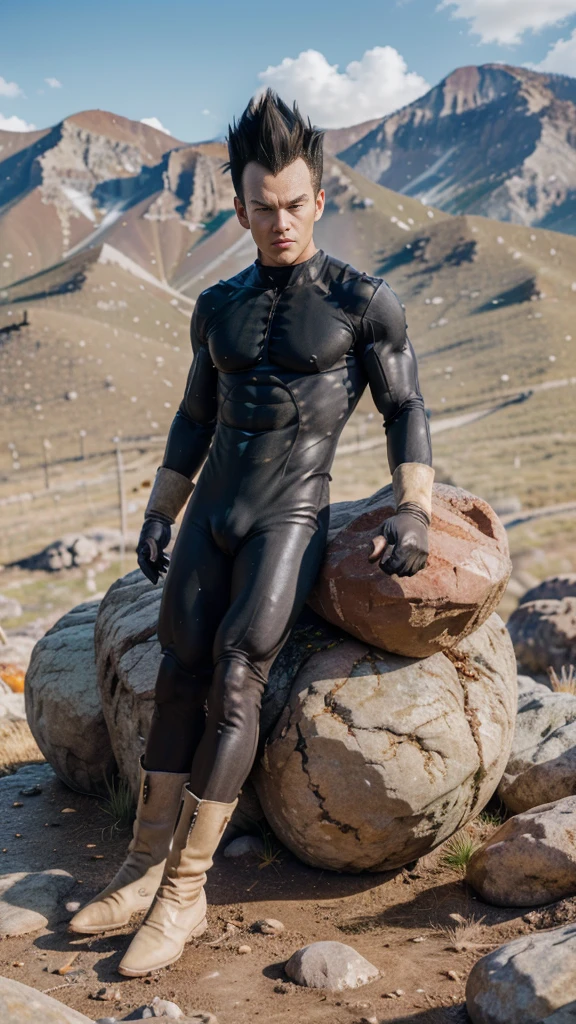 ((masutepiece:1.4, Best Quality)), ((masutepiece, Best Quality,8K)), (photographrealistic:1.4), (Cowboy Shot, Solo, Male Focus, 1boy, Vegeta, Serious, Looking at Viewer, Black spiked hair, Black eyes, armor, Enamel Bodysuit, White Gloves), (rocky ground, Rocky mountain, skyporn), Professional Lighting, Physically-based rendering