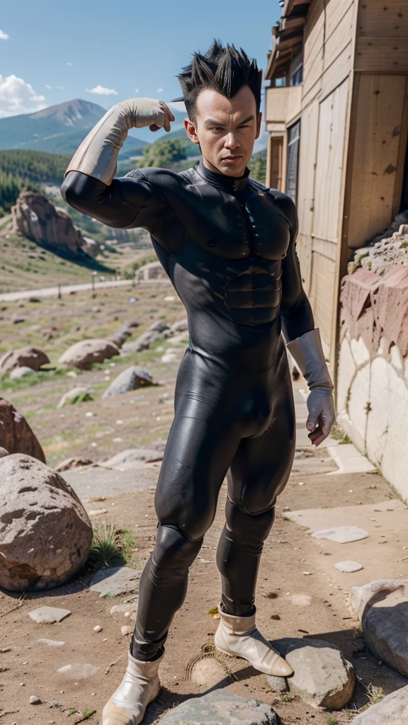 ((masutepiece:1.4, Best Quality)), ((masutepiece, Best Quality,8K)), (photographrealistic:1.4), (Cowboy Shot, Solo, Male Focus, 1boy, Vegeta, Serious, Looking at Viewer, Black spiked hair, Black eyes, armor, Enamel Bodysuit, White Gloves), (rocky ground, Rocky mountain, skyporn), Professional Lighting, Physically-based rendering