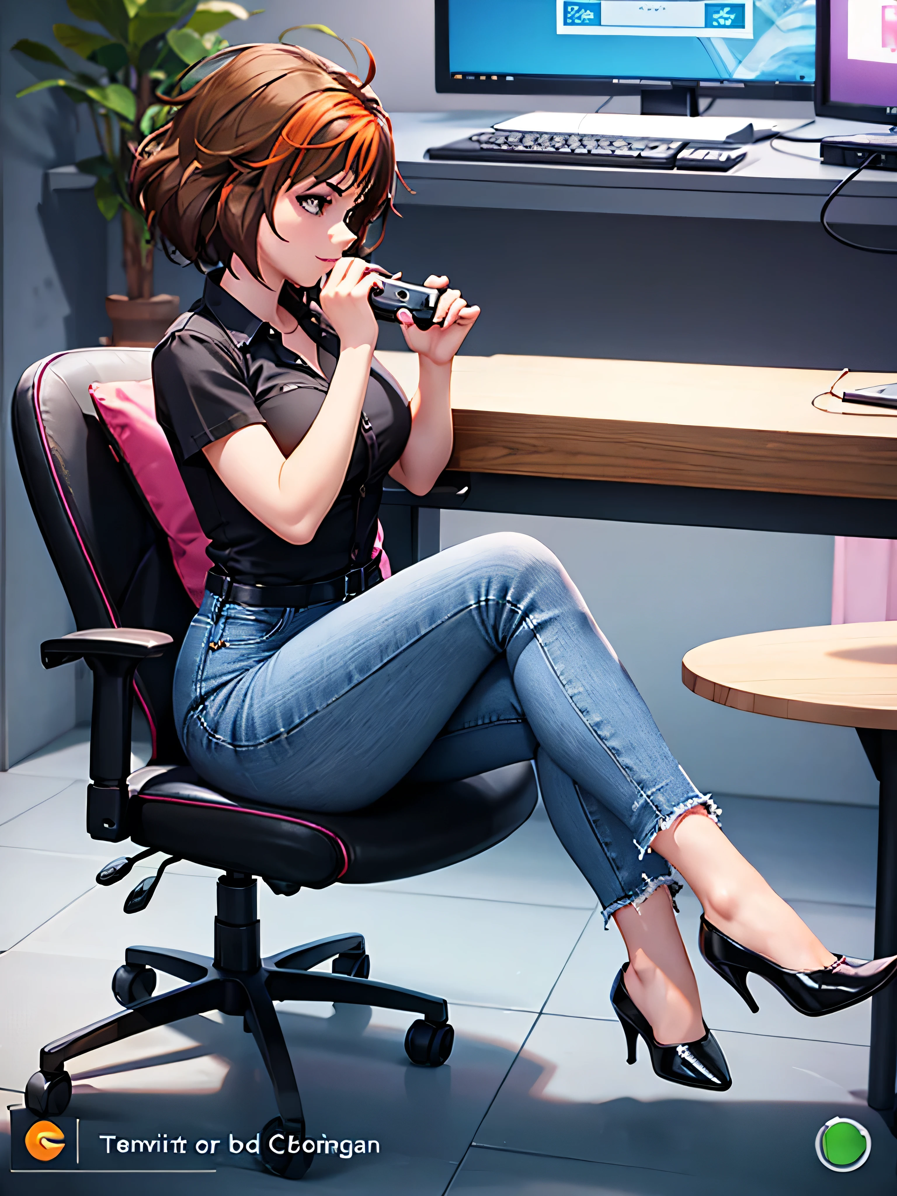 merula, sitting on a chair with her legs up, gaming chair, sexy pose, sitting pose, blue jeans, pink high heels , legs up, side view
