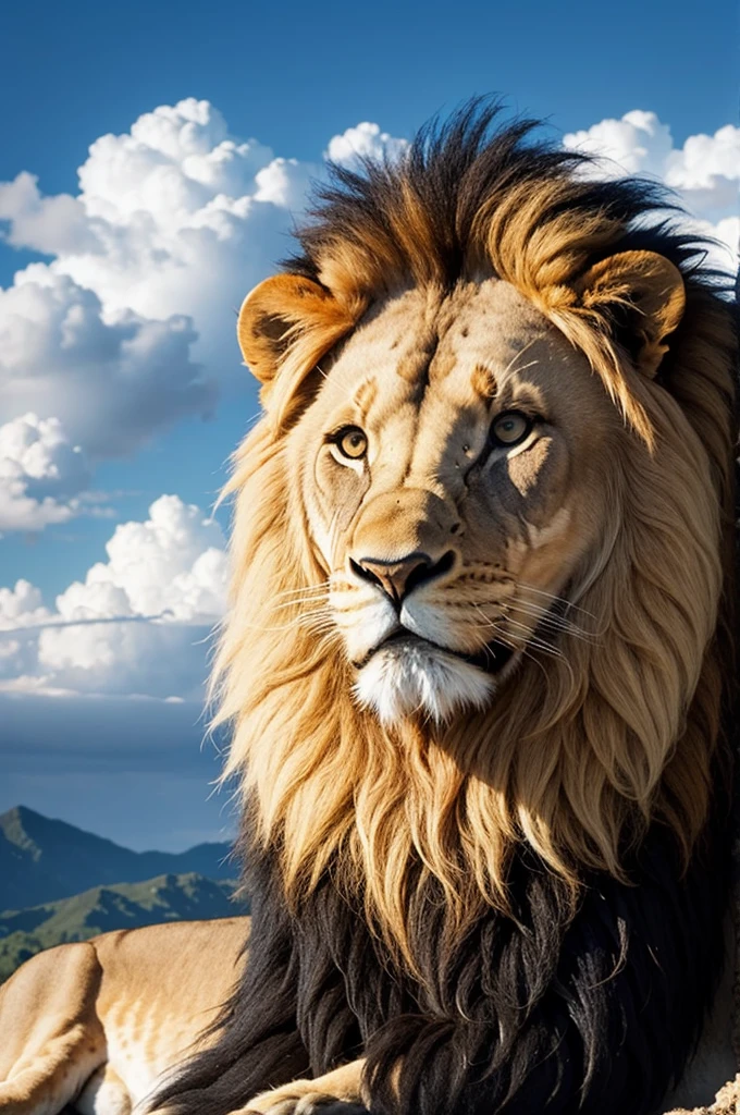 A lion with clouds around it