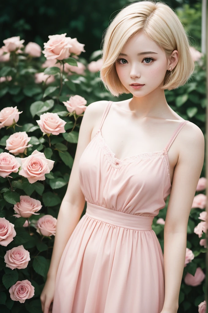 8K, CRU photo, Fujifilm, style photo of a beautiful young woman like Avril in a light pink rose garden (highly detailed skin: 1.2) Style-Petal BREAK short hair, blonde hair with colored highlights, wearing a dress, film grain, 35mm, cute style