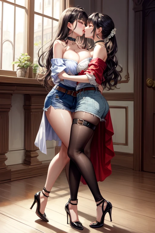 off-shoulder,belt,legbelt,choker,high heels,pierc,beautiful lips,large breasts,deep kiss,hug,