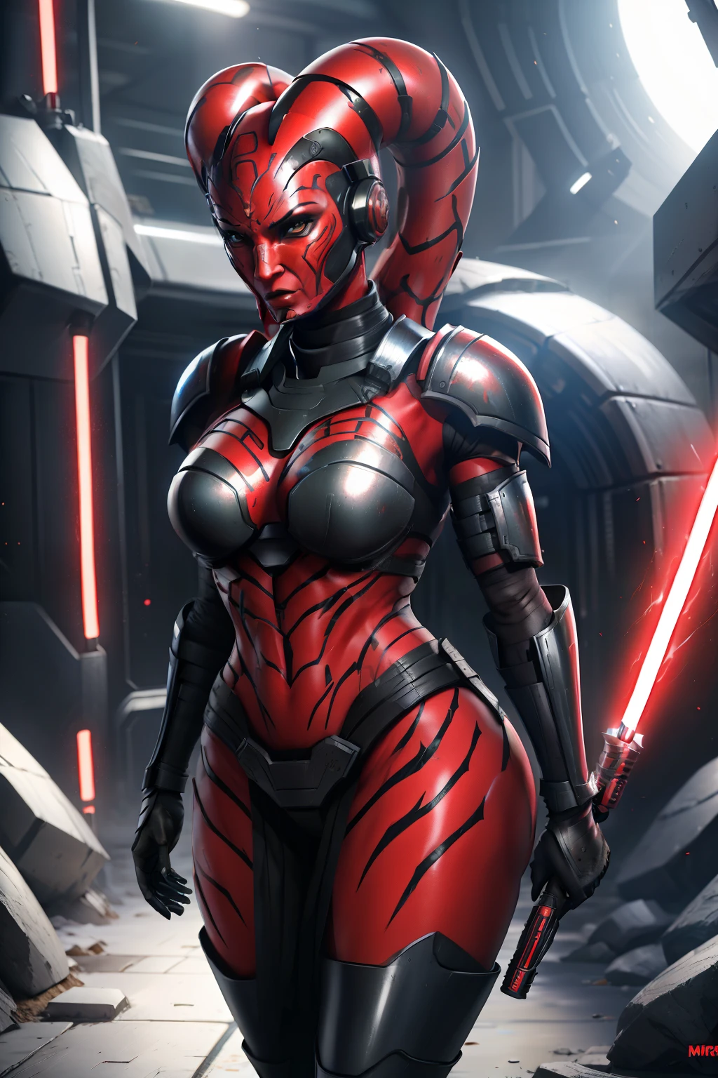 little black dress, busty, ((red skin), twi'lek), evil space knight, space ninja, (black elegant gown, evening dress, strapless, sleeveless, cleavage, long skirts, fantasy, ((busty), slender body, thin, slim sexy body, slim waist, ((((huge breasts, large breasts))))), Imperial starship, Star Wars,