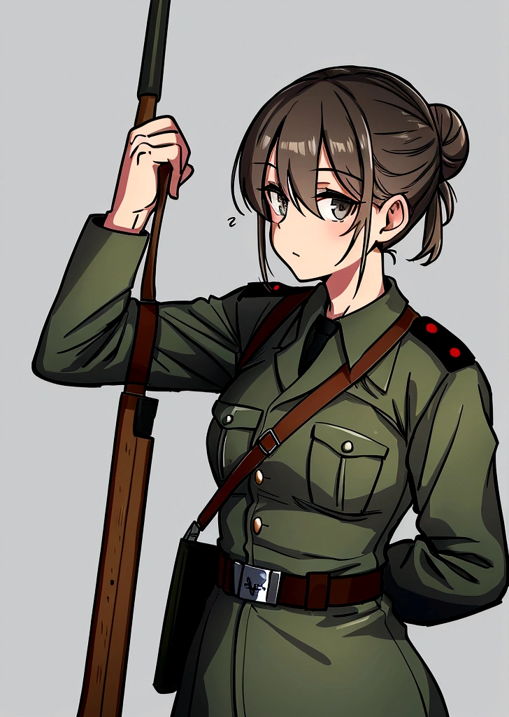 Ww2 soldier, german, looking at the viewer, M44 feldbluse, stahlhelm, low hair bun, no background, brown hair, side view