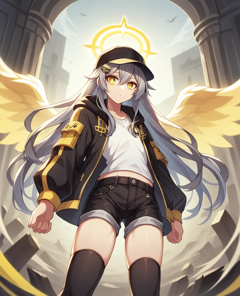 , masterpiece, Highest quality, Very detailed, CG, 8k wallpaper, Pretty face, Delicate eyes, country々, alone, 白いLong Hair, Yellow Eyes, hairpin, hairpin, White shirt, black hooded jacket, Black shorts,Black baseball cap,Black Stockings, City in Ruins,NSFW,(masterpiece, Highest quality:1.3), (Super detailed:1.3), One girl, alone, (Gray Hair, Messy Hair, Long Hair), (Angel Wings, Angel Halo), Flat Chest, Yellow Eyes,Dynamic Angle,Character portrait,Combat posture,Shoots a ball of light from his hand,Yellow light ball,A whirlpool in the palm of your hand