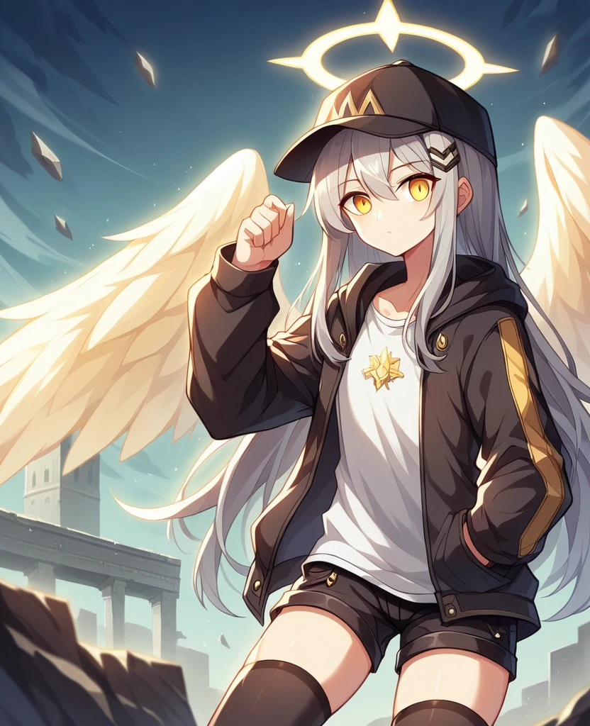 , masterpiece, Highest quality, Very detailed, CG, 8k wallpaper, Pretty face, Delicate eyes, country々, alone, 白いLong Hair, Yellow Eyes, hairpin, hairpin, White shirt, black hooded jacket, Black shorts,Black baseball cap,Black Stockings, City in Ruins,NSFW,(masterpiece, Highest quality:1.3), (Super detailed:1.3), One girl, alone, (Gray Hair, Messy Hair, Long Hair), (Angel Wings, Angel Halo), Flat Chest, Yellow Eyes,Dynamic Angle,Character portrait,Combat posture,Shoots a ball of light from his hand,Yellow light ball,A whirlpool in the palm of your hand