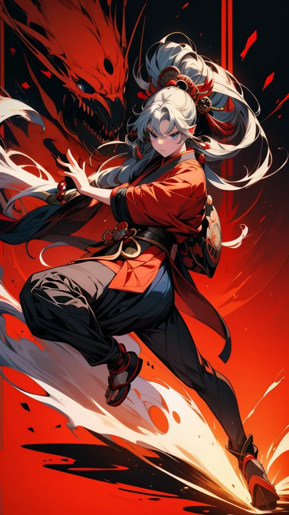 Anime girl with long hair and blue eyes in red and black clothes, From the Sengoku period, onmyoji portrait, by Shimo, female Anime characters, By Ren, Anime characters, Wearing old samurai clothes, detailed Anime characters art, by Li Zai, Kantai Collection Style, Full body martial arts, Sengoku period art style