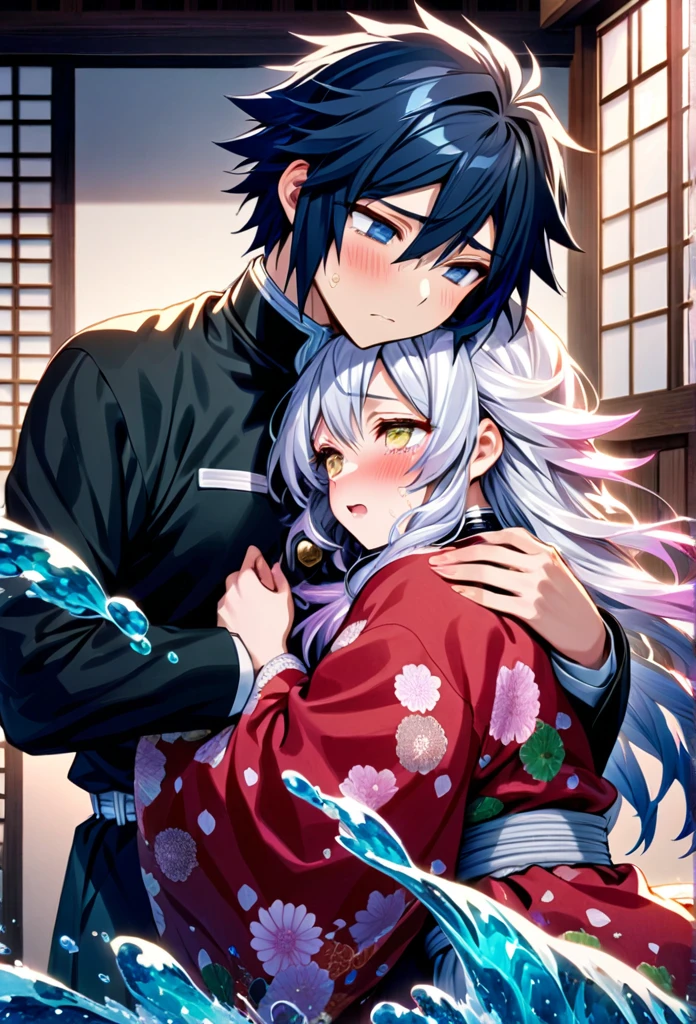 Ultra detailed, highres, absurdres, HDR, master piece, anime girl and boy, pretty woman with white long hair with deep red streaks, girl with yellow eyes, the girl is using a red haori, black demon slayer uniform, Kimetsu No Yaiba, fantasy, the pretty girl is sad and crying, Tomioka Giyu, Water Hashira, Tomioka is worried and comforting the girl, romance, inside a japones house, best quality, extremely detailed face, love, passion, romance, anime, they are really in love, hug