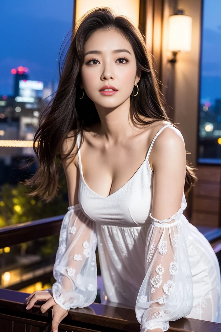 Dark brown hair、Light brown eyes、Japanese actress、 Lady、I am about 40 years old...、(Intricate details:1.2)、(Which is the top???:1.4)、 (Ultra-high resolution:1.2)、Ultra-high resolution、(Finely tuned)、(Detailed facial features)、Hmph、8K resolution、D cup size breasts、Long Hair、Rooftop Bar、Night view、Extravagant space、relax、、,Full body photo、Head to toe shot、Beautiful feet、Camisole dress、Beautiful feet、she,   Fashion Hub, Attention to detail, Very detailed, Realistic, Hourglass Shaped Body, Obscene pose,、、私 cry a lot、tears、diagonally from below、please lift your chin、Put your butt against the wall、relaxした表情、Pose of Weakness、(auraroid photo:1.2)、From outside the window、A masterpiece of transparent painting、8K、32k、Highest quality、(Details of both eyes)、1 Girl、elegant、(Loose dress :1.4)、Night view。(Low - Angle、Look up and look at me:1.2)、Hilarious、Looking into the camera、