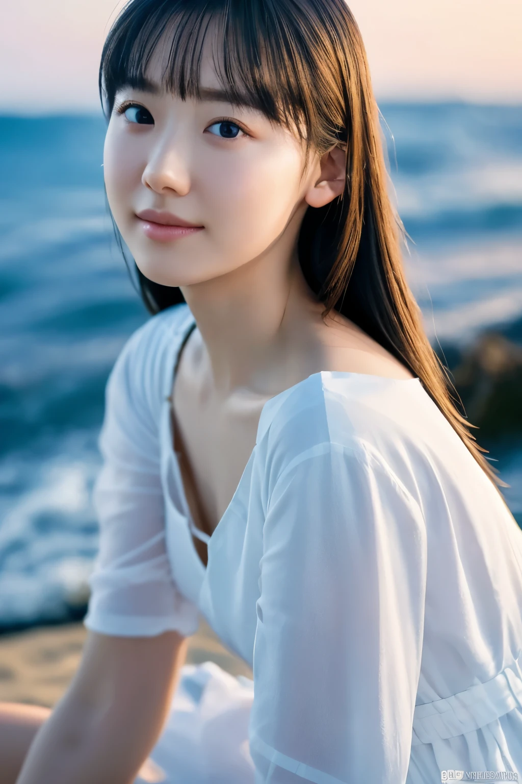 Create a high-quality, hyper-realistic portrait of a very beautiful Japanese idol. She is wearing a clean white summer dress and is squatting on the beach during sunset at sea. The deep indigo of the night sky contrasts with the last vestiges of crimson near the horizon, with swaying waves in the background. The girl has semi-long hair and a slender body with small breasts. The photo should capture her with detailed eyes, a detailed face, and a beautiful, sophisticated nose. The image should have a realistic, delicate, and finely detailed quality, suitable for a fashion magazine cover. Use cinema lighting and soft light to enhance her features. Ensure the photo is of the highest quality, with a resolution of 8K, making it perfect for a 2K wallpaper.